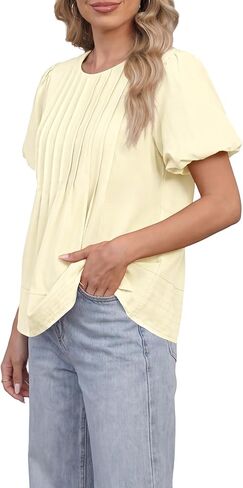 Funlingo Womens Summer Babydoll Tops Short Puff Sleeve Blouses Casual Loose Fit Flowy Crew Neck Pleated Shirts Fashion Clothing Beige L in Kuwait