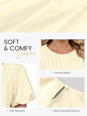 Funlingo Womens Summer Babydoll Tops Short Puff Sleeve Blouses Casual Loose Fit Flowy Crew Neck Pleated Shirts Fashion Clothing Beige L in Kuwait