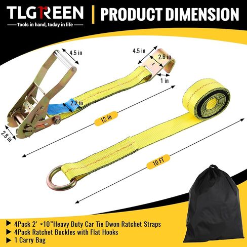 TLGREEN 4 قطع من أشرطة ربط السيارة للمقطورات - 2 بوصة × 10 أقدام - 10,000 رطل، أشرطة سقاطة شديدة التحمل مع خطافات مسطحة، لشاحنة النقل، وسيارات الدفع الرباعي، وUTV، والدراجات النارية (تتضمن حقيبة تخزين) أصفر in Kuwait