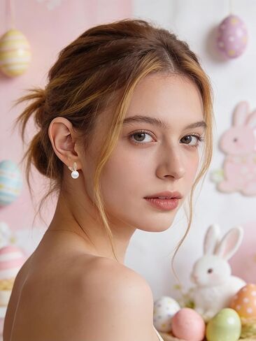 Cute Bunny Rabbit Easter Earrings for Women, Trendy Statement Bunny Pearl Stud Earrings, Easter Outfits & Shirt Accessories for Women in Saudi Arabia