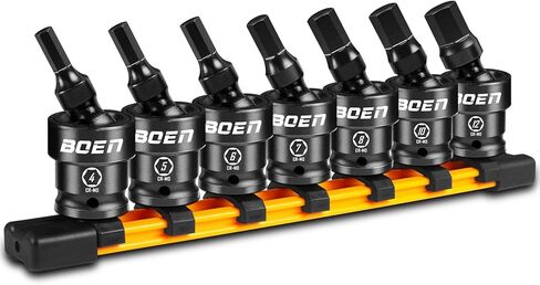 boen 3/8" Drive Universal Hex Bit Socket Set, 7-Piece Metric Impact Swivel Allen Bit Sockets, 360° Rotation Flexible Wobble Hex Bit Driver Socket Set, With Storage Rail, CR-MO Steel in Saudi Arabia