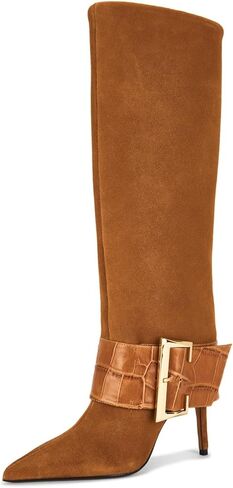Women Pointed Toe Buckle Stiletto Knee High Boots | Faux Suede Upper, Rubber Non-Slip Sole, Soft Cushioned Insole for Daily and Office Occasions in Saudi Arabia