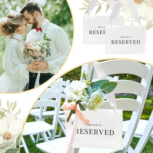 12 Pcs Reserved Seating Signs, This Row Is Reserved Hanging Signs with Silk Ribbon for Wedding Chairs Handmade Paper Chairs Sign for Wedding Ceremony Church Events Benches(White) in Kuwait