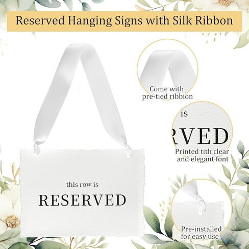 12 Pcs Reserved Seating Signs, This Row Is Reserved Hanging Signs with Silk Ribbon for Wedding Chairs Handmade Paper Chairs Sign for Wedding Ceremony Church Events Benches(White) in Kuwait
