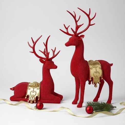 Set of 2 Modern Deer Statues for Home Decor, Handcrafted Resin Elk Sculptures with Intricate Beaded Texture, Elegant Animal Figurines for Living Room, Bookshelf, Office & Housewarming Gift in Saudi Arabia