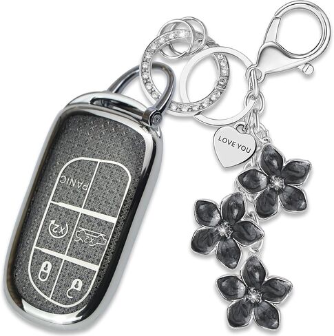 Black TPU Key Fob Cover with Sakura Flower Keychain Compatible with Jeep Compass Cherokee Renegade Chrysler 200 300,Dodge Charger Challenger Journey Fiat 500X 5-Button Smart Key for Women in Saudi Arabia
