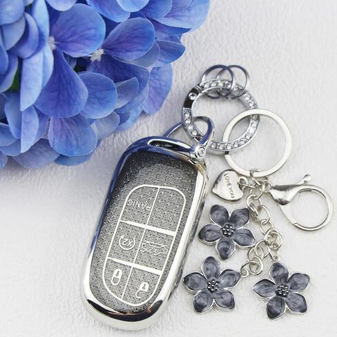 Black TPU Key Fob Cover with Sakura Flower Keychain Compatible with Jeep Compass Cherokee Renegade Chrysler 200 300,Dodge Charger Challenger Journey Fiat 500X 5-Button Smart Key for Women in Saudi Arabia