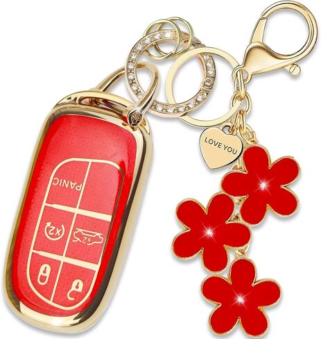 Black TPU Key Fob Cover with Sakura Flower Keychain Compatible with Jeep Compass Cherokee Renegade Chrysler 200 300,Dodge Charger Challenger Journey Fiat 500X 5-Button Smart Key for Women in Saudi Arabia