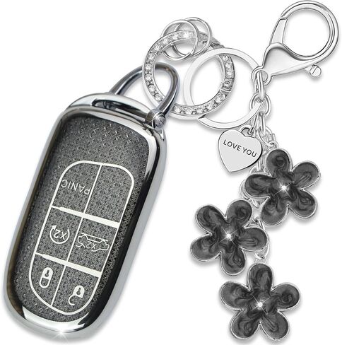 Black TPU Key Fob Cover with Sakura Flower Keychain Compatible with Jeep Compass Cherokee Renegade Chrysler 200 300,Dodge Charger Challenger Journey Fiat 500X 5-Button Smart Key for Women in Saudi Arabia