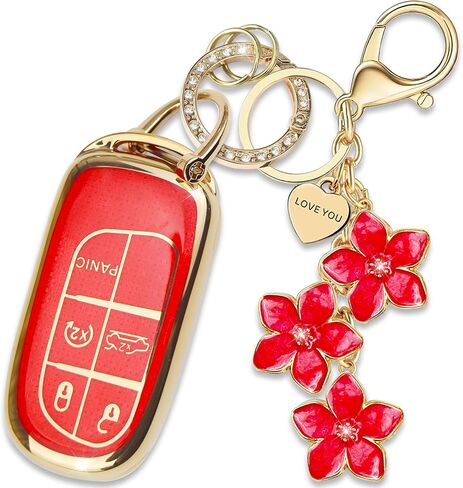 Black TPU Key Fob Cover with Sakura Flower Keychain Compatible with Jeep Compass Cherokee Renegade Chrysler 200 300,Dodge Charger Challenger Journey Fiat 500X 5-Button Smart Key for Women in Saudi Arabia