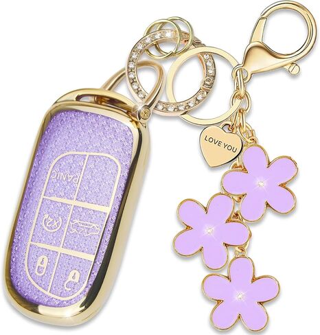 Black TPU Key Fob Cover with Sakura Flower Keychain Compatible with Jeep Compass Cherokee Renegade Chrysler 200 300,Dodge Charger Challenger Journey Fiat 500X 5-Button Smart Key for Women in Saudi Arabia