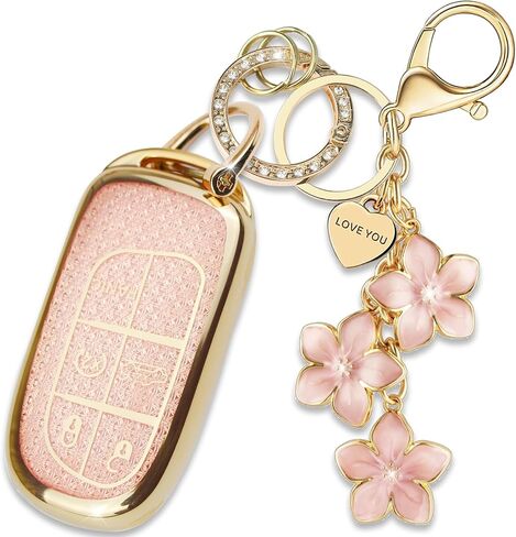 Black TPU Key Fob Cover with Sakura Flower Keychain Compatible with Jeep Compass Cherokee Renegade Chrysler 200 300,Dodge Charger Challenger Journey Fiat 500X 5-Button Smart Key for Women in Saudi Arabia