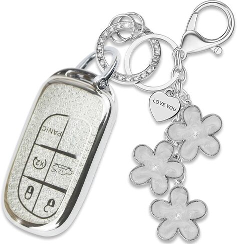 Black TPU Key Fob Cover with Sakura Flower Keychain Compatible with Jeep Compass Cherokee Renegade Chrysler 200 300,Dodge Charger Challenger Journey Fiat 500X 5-Button Smart Key for Women in Saudi Arabia