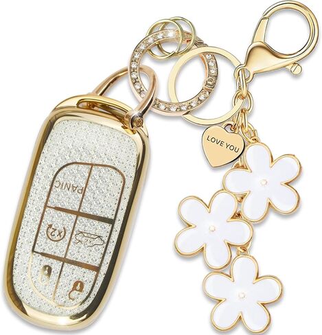 Black TPU Key Fob Cover with Sakura Flower Keychain Compatible with Jeep Compass Cherokee Renegade Chrysler 200 300,Dodge Charger Challenger Journey Fiat 500X 5-Button Smart Key for Women in Saudi Arabia