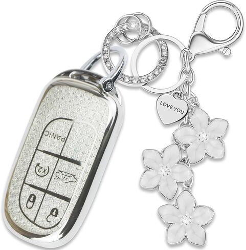 Black TPU Key Fob Cover with Sakura Flower Keychain Compatible with Jeep Compass Cherokee Renegade Chrysler 200 300,Dodge Charger Challenger Journey Fiat 500X 5-Button Smart Key for Women in Saudi Arabia