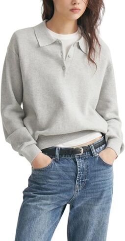 بلوفر نسائي محبوك، قمصان بولو بأكمام طويلة، لون سادة، رقبة على شكل حرف V in Kuwait