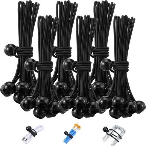 120 قطعة من حبال بنجي مع الكرات، حبال بنجي كروية شديدة التحمل مقاس 6 بوصات، أربطة قماش سوداء للتخييم، المظلة، الخيمة، البضائع، مظلة الفناء - مادة بوليستر متينة ومقاومة للأشعة فوق البنفسجية in Kuwait