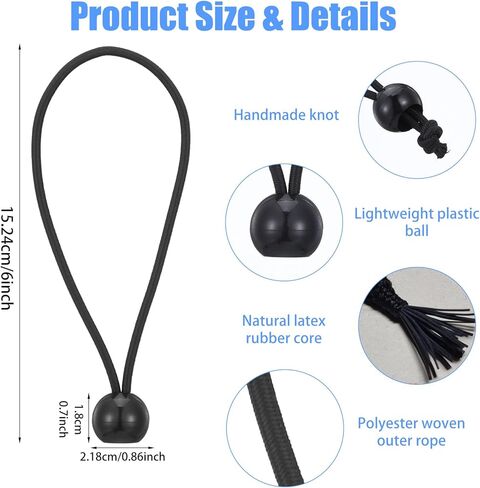 120 قطعة من حبال بنجي مع الكرات، حبال بنجي كروية شديدة التحمل مقاس 6 بوصات، أربطة قماش سوداء للتخييم، المظلة، الخيمة، البضائع، مظلة الفناء - مادة بوليستر متينة ومقاومة للأشعة فوق البنفسجية in Kuwait