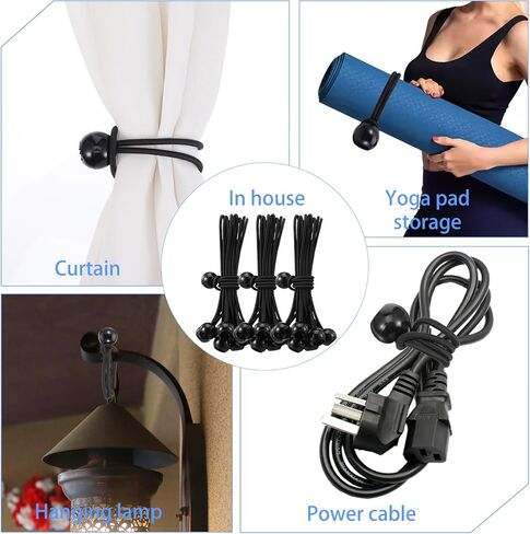 120 قطعة من حبال بنجي مع الكرات، حبال بنجي كروية شديدة التحمل مقاس 6 بوصات، أربطة قماش سوداء للتخييم، المظلة، الخيمة، البضائع، مظلة الفناء - مادة بوليستر متينة ومقاومة للأشعة فوق البنفسجية in Kuwait