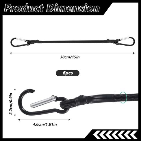 6Pcs Bungee Cords with Carabiner, 12 Inch Heavy Duty Carabiner Bungee Cord, Outdoor Black Bungee Straps Extra Strong Elastic Rope with Carabiners Hooks for Securing Tents Camping Luggage Bike in Saudi Arabia