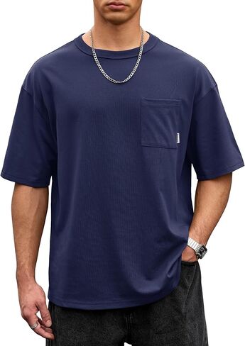 تي شيرت رجالي بجيب كبير الحجم من القطن ثقيل الوزن تي شيرت صيفي أساسي (S-XXL) in Kuwait