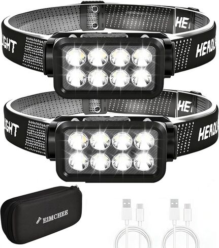 Rechargeable Headlamp,2 Pack 2500 Lumen Bright 5 Led Headlamp,14 Modes Adjustable Motion Sensor Headlight with Red Light for Adults& Kids,USB C Waterproof Head Flashlight for Outdoor Hiking in Saudi Arabia