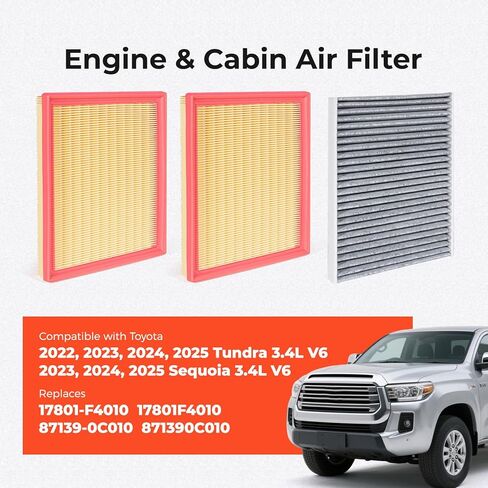 Engine Air Filter & Cabin Air Filter Combo Kit Compatible with 2022-2025 Toyota Tundra, 2023-2025 Toyota Sequoia 3.4L V6, Replaces 17801-F4010, 17801F4010, 87139-0C010, 871390C010 in Kuwait