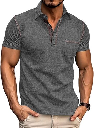 Men's Casual Polo Shirts Classic Long Sleeve Basic Button T-Shirt Lightweight Cotton Golf Tops with Pocket in Saudi Arabia