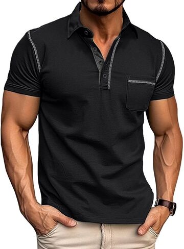 Men's Casual Polo Shirts Classic Long Sleeve Basic Button T-Shirt Lightweight Cotton Golf Tops with Pocket in Kuwait