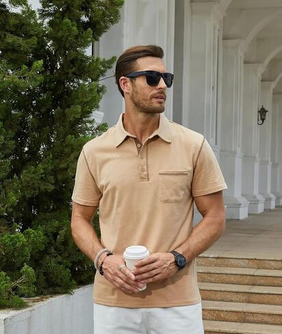 Men's Casual Polo Shirts Classic Long Sleeve Basic Button T-Shirt Lightweight Cotton Golf Tops with Pocket in Saudi Arabia
