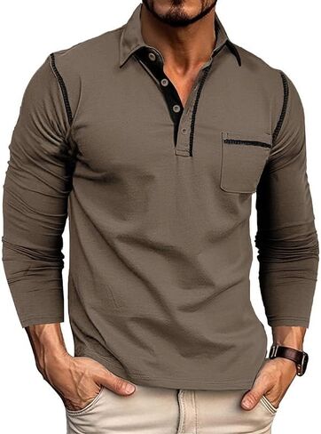 Men's Casual Polo Shirts Classic Long Sleeve Basic Button T-Shirt Lightweight Cotton Golf Tops with Pocket in Saudi Arabia