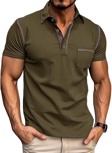 Men's Casual Polo Shirts Classic Long Sleeve Basic Button T-Shirt Lightweight Cotton Golf Tops with Pocket in Saudi Arabia