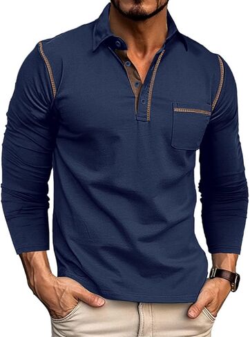 Men's Casual Polo Shirts Classic Long Sleeve Basic Button T-Shirt Lightweight Cotton Golf Tops with Pocket in Saudi Arabia