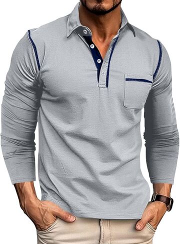 Men's Casual Polo Shirts Classic Long Sleeve Basic Button T-Shirt Lightweight Cotton Golf Tops with Pocket in Saudi Arabia