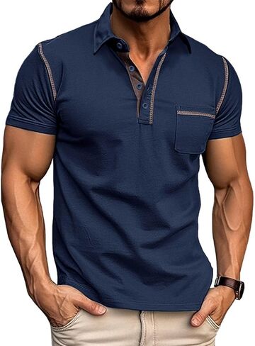 Men's Casual Polo Shirts Classic Long Sleeve Basic Button T-Shirt Lightweight Cotton Golf Tops with Pocket in Saudi Arabia