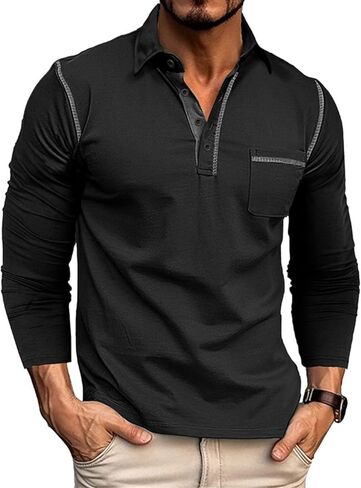 Men's Casual Polo Shirts Classic Long Sleeve Basic Button T-Shirt Lightweight Cotton Golf Tops with Pocket in Saudi Arabia