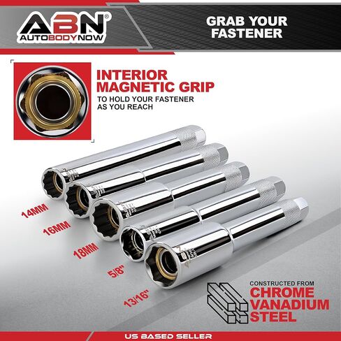 ABN Extra Deep Socket Set 5 Pieces - 3/8 Inch Drive Magnetic Grip Cr-V Deep Well Sockets - 6 Point 5/8 and 13/16in - 12 Point 14, 16 and 18mm in Saudi Arabia
