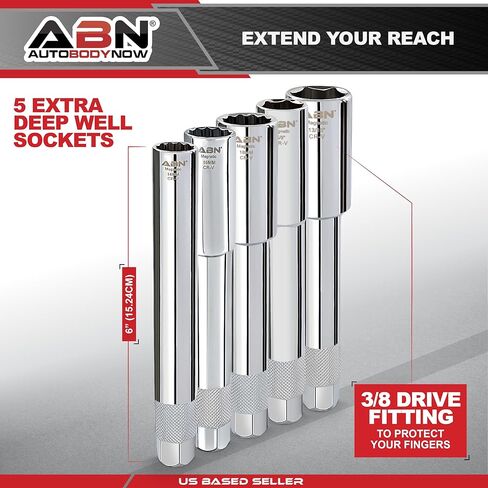 ABN Extra Deep Socket Set 5 Pieces - 3/8 Inch Drive Magnetic Grip Cr-V Deep Well Sockets - 6 Point 5/8 and 13/16in - 12 Point 14, 16 and 18mm in Saudi Arabia