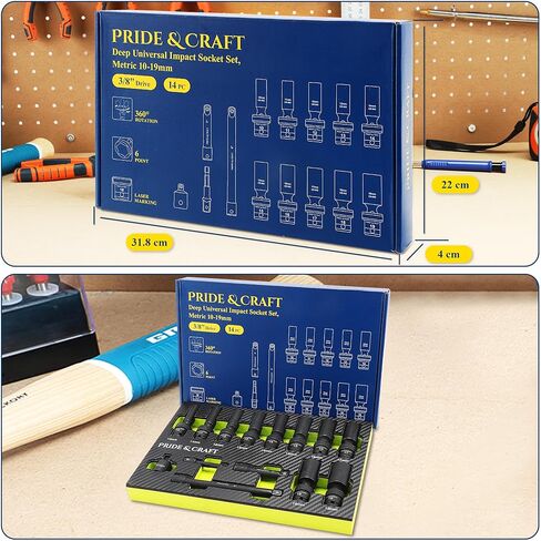 PRIDE&CRAFT 3/8" مجموعة مقابس عالمية عميقة للمحرك، 14 قطعة من ملحقات أدوات الهواء الفولاذية Cr-Mo للسيارات والآلات، مقبس مشترك عالمي 6 نقاط، متري، 10-19 مم، مع قضبان تمديد in Saudi Arabia