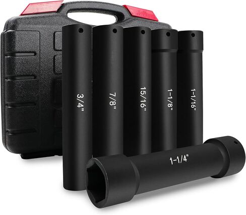 6.75 Inch Long Extended Length Impact Socket Set 1/2 Inch Drive Extra Deep Sockets Heavy Duty Steel With Hex Sizes 3/4" 7/8" 15/16" 1-1/16" 1-1/8" 1-1/4" for High Torque Use 6PCS in Kuwait