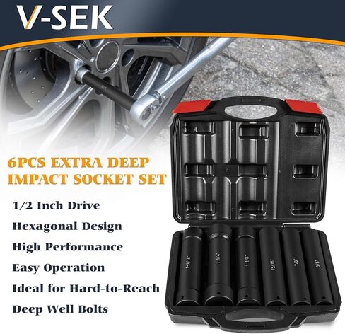 6.75 Inch Long Extended Length Impact Socket Set 1/2 Inch Drive Extra Deep Sockets Heavy Duty Steel With Hex Sizes 3/4" 7/8" 15/16" 1-1/16" 1-1/8" 1-1/4" for High Torque Use 6PCS in Kuwait