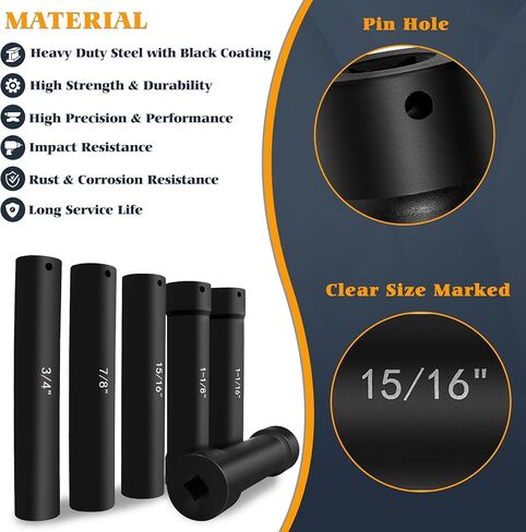 6.75 Inch Long Extended Length Impact Socket Set 1/2 Inch Drive Extra Deep Sockets Heavy Duty Steel With Hex Sizes 3/4" 7/8" 15/16" 1-1/16" 1-1/8" 1-1/4" for High Torque Use 6PCS in Kuwait