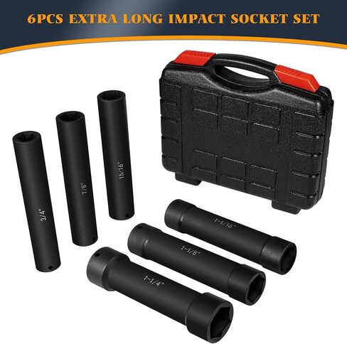 6.75 Inch Long Extended Length Impact Socket Set 1/2 Inch Drive Extra Deep Sockets Heavy Duty Steel With Hex Sizes 3/4" 7/8" 15/16" 1-1/16" 1-1/8" 1-1/4" for High Torque Use 6PCS in Kuwait