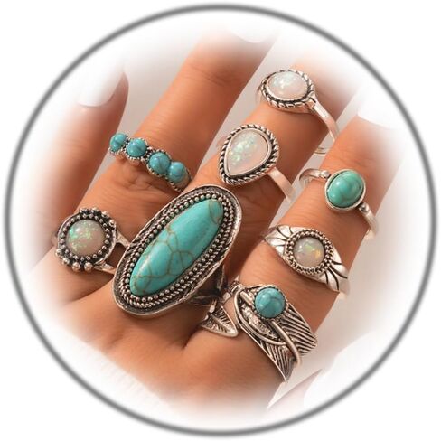 8 Pcs Bohemian Joint Knuckle Rings Set for Women,Vintage Oval Turquoise Finger Ring Opal Gemstone Teardrop Midi Rings Pack Punk Leaf Ring Party Daily Jewelry Gift in Kuwait