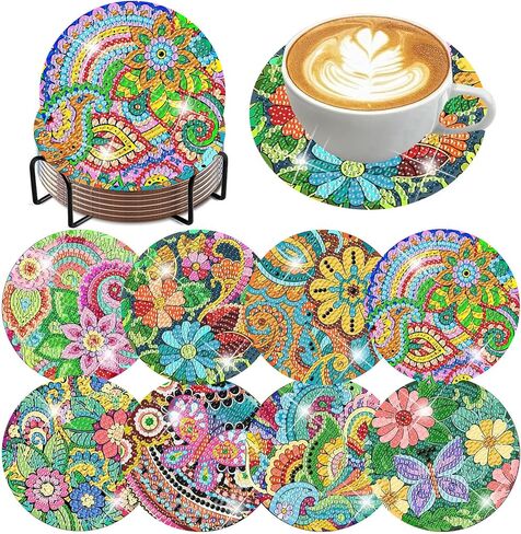 8 PCS Animals Diamond Painting Coasters Animals Diamond Art Coasters with Holder DIY Animals Coasters for Beginners Adults 5D Crafts Supplies 4X4inch(Cork Wooden Pad) in Kuwait