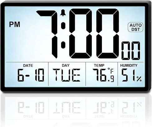 ساعة حائط رقمية بإضاءة خلفية قابلة للتعديل مقاس 9 بوصات - مصدر طاقة مزدوج (بطاريات / قابس)، درجة الحرارة / الرطوبة، التوقيت الصيفي التلقائي، أرقام كبيرة 2⅝ بوصة، منبه بحجم 5 مستويات - حامل على الحائط / سطح المكتب للمكتب المنزلي in Kuwait