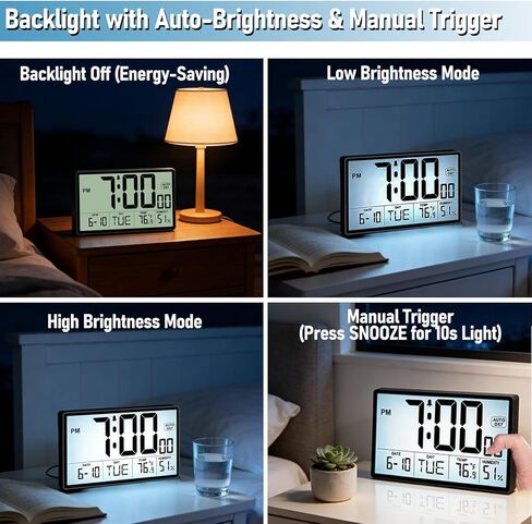 ساعة حائط رقمية بإضاءة خلفية قابلة للتعديل مقاس 9 بوصات - مصدر طاقة مزدوج (بطاريات / قابس)، درجة الحرارة / الرطوبة، التوقيت الصيفي التلقائي، أرقام كبيرة 2⅝ بوصة، منبه بحجم 5 مستويات - حامل على الحائط / سطح المكتب للمكتب المنزلي in Kuwait