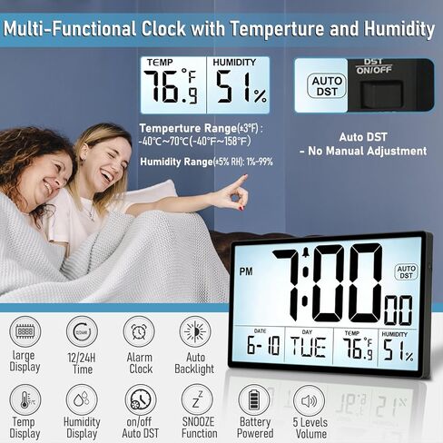 ساعة حائط رقمية بإضاءة خلفية قابلة للتعديل مقاس 9 بوصات - مصدر طاقة مزدوج (بطاريات / قابس)، درجة الحرارة / الرطوبة، التوقيت الصيفي التلقائي، أرقام كبيرة 2⅝ بوصة، منبه بحجم 5 مستويات - حامل على الحائط / سطح المكتب للمكتب المنزلي in Kuwait