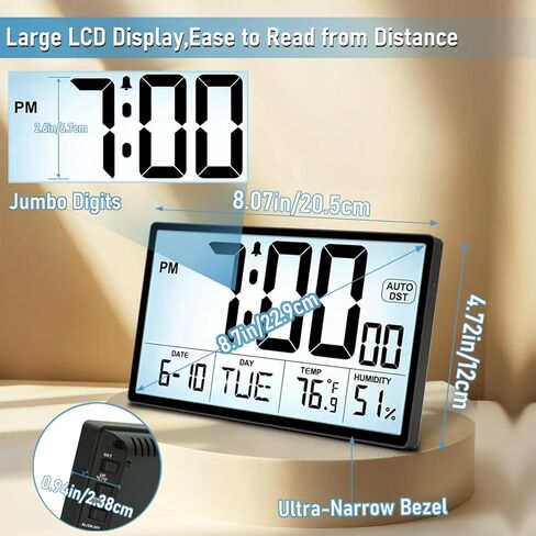 ساعة حائط رقمية بإضاءة خلفية قابلة للتعديل مقاس 9 بوصات - مصدر طاقة مزدوج (بطاريات / قابس)، درجة الحرارة / الرطوبة، التوقيت الصيفي التلقائي، أرقام كبيرة 2⅝ بوصة، منبه بحجم 5 مستويات - حامل على الحائط / سطح المكتب للمكتب المنزلي in Kuwait