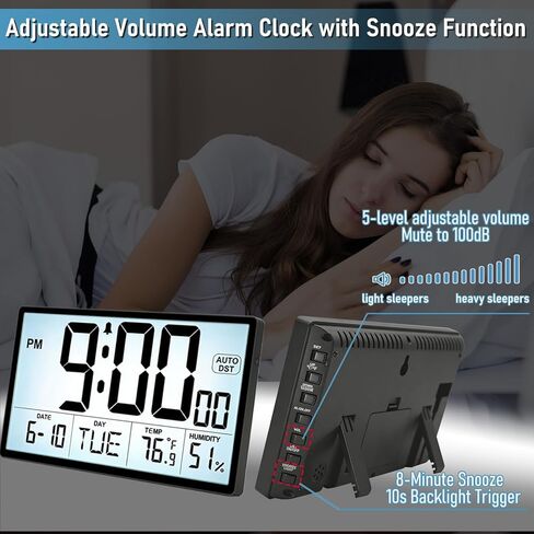 ساعة حائط رقمية بإضاءة خلفية قابلة للتعديل مقاس 9 بوصات - مصدر طاقة مزدوج (بطاريات / قابس)، درجة الحرارة / الرطوبة، التوقيت الصيفي التلقائي، أرقام كبيرة 2⅝ بوصة، منبه بحجم 5 مستويات - حامل على الحائط / سطح المكتب للمكتب المنزلي in Kuwait